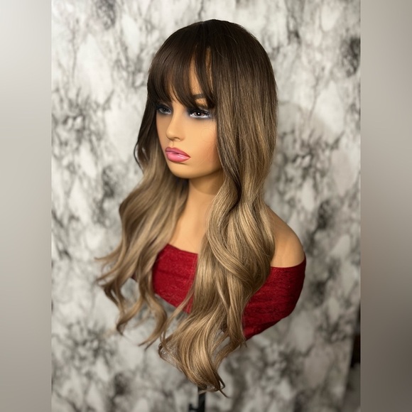 24 Inch. balayage Brown. & Medium ash Blonde Wavy wig with bangs | Natural look - Picture 4 of 10